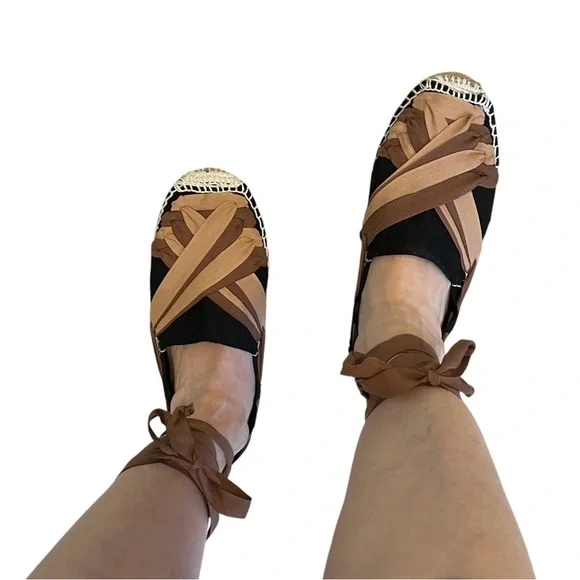 Artesania Hand Made Chic Black and Brown Espadrille Ankle Tie Flats, Sz EU 37 - Picture 3 of 15